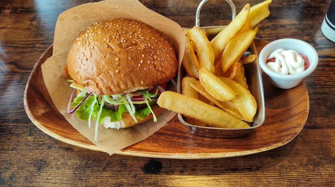 Veganer Burger mit Pommes und Dip auf einem Holzbrett serviert